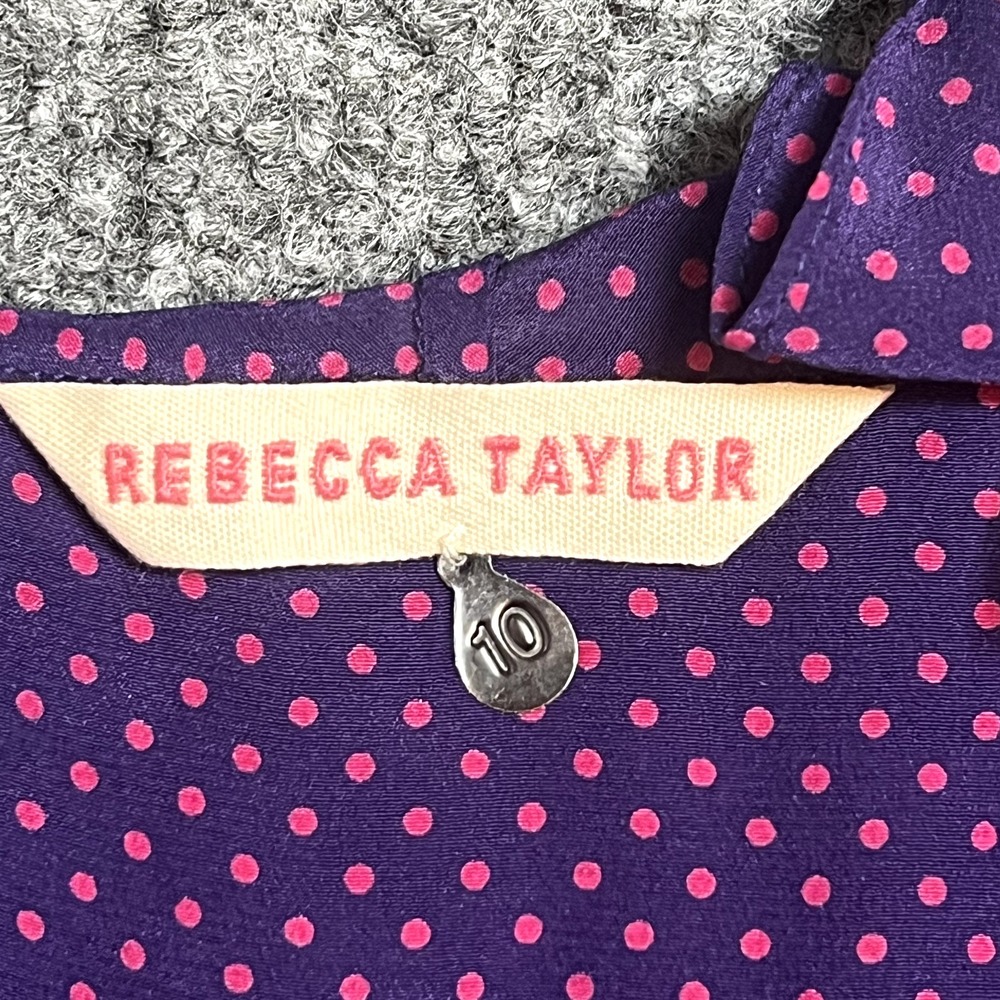 Rebecca Taylor Top 10 100% Silk Pleated Polka Dot Blouse Pink Purple Career
